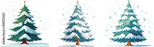 Snow Covered Spruce Trees Collection. Set of Christmas Trees in Snow Isolated Transparent Background