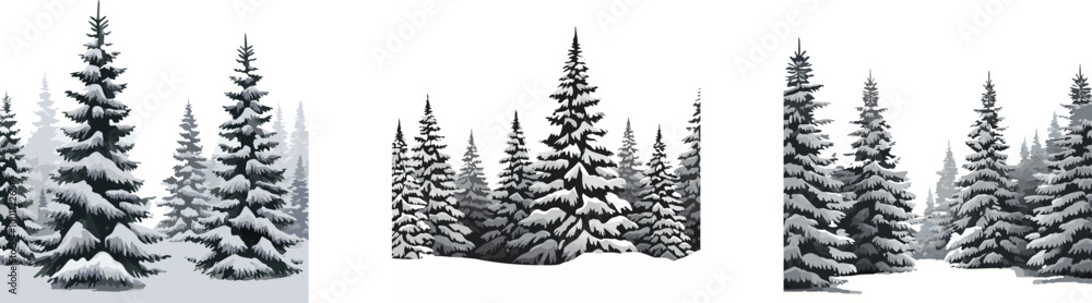 Obraz premium Snow Covered Spruce Trees Collection. Set of Christmas Trees in Snow Isolated Transparent Background