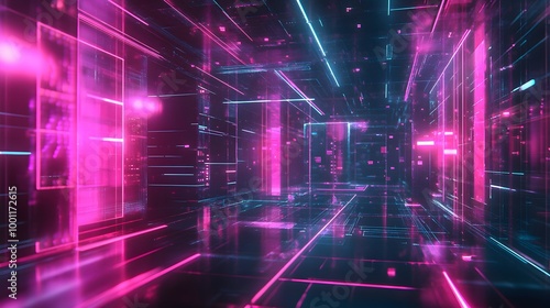 Neon Holographic Art Installation Floating in a Futuristic Digital Universe