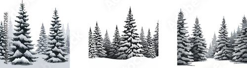 Snow Covered Spruce Trees Collection. Set of Christmas Trees in Snow Isolated Transparent Background