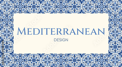 Mediterranean frame showcases beautiful navy blue floral tile patterns, perfect for invitations, menus, and wedding designs. Classic Portuguese and Moroccan ceramic styles, it's timeless and elegant.