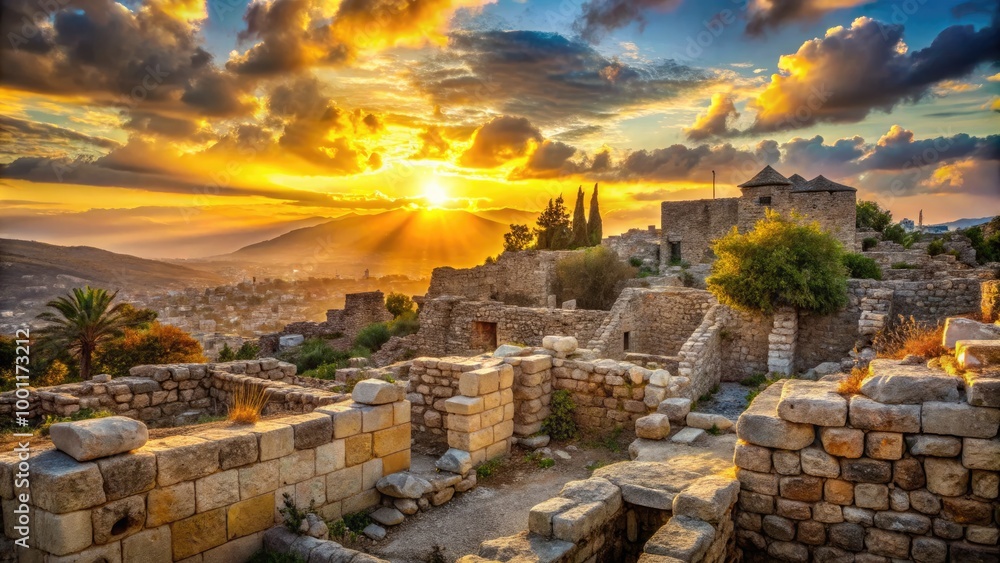 Fototapeta premium Ancient stone walls and crumbling ruins of a biblical cityscape at sunset, evoking nostalgia and historical significance, perfect for faith-based or inspirational projects.