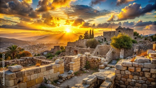 Ancient stone walls and crumbling ruins of a biblical cityscape at sunset, evoking nostalgia and historical significance, perfect for faith-based or inspirational projects.