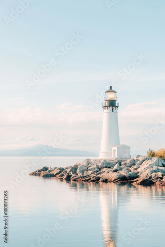 Lighthouse on a rocky coastal cliff with a ocean background