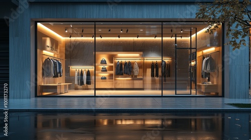 Modern clothing store facade with warm lighting photo