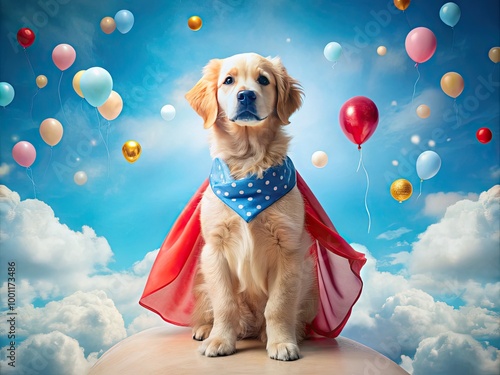 A playful golden retriever puppy stands on hind legs, wearing a superhero cape, against a bright blue background with white puffy clouds and confetti balloons. photo