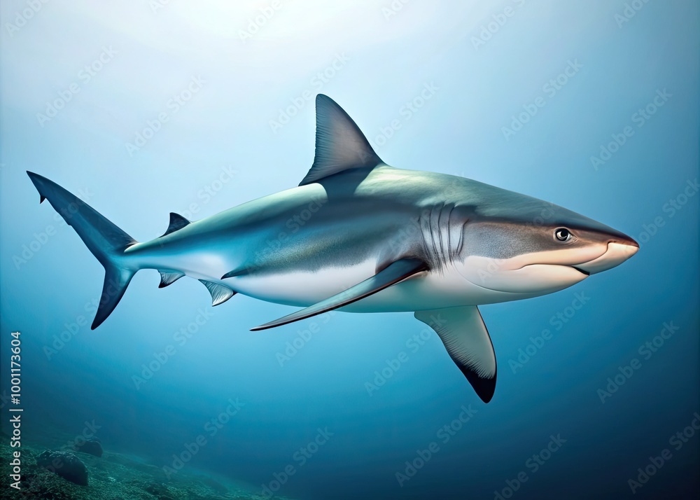 Fototapeta premium A powerful grey reef shark swims horizontally, its sleek body and sharp fins illuminated against a crisp, clean white background, evoking a sense of oceanic majesty.