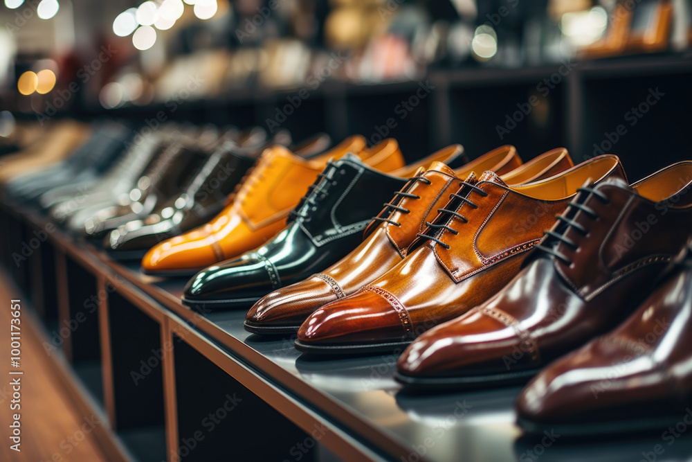 A neatly arranged row of mens shoes is lined up on a shelf in a store A neatly arranged row of mens shoes is lined up on a shelf in a store