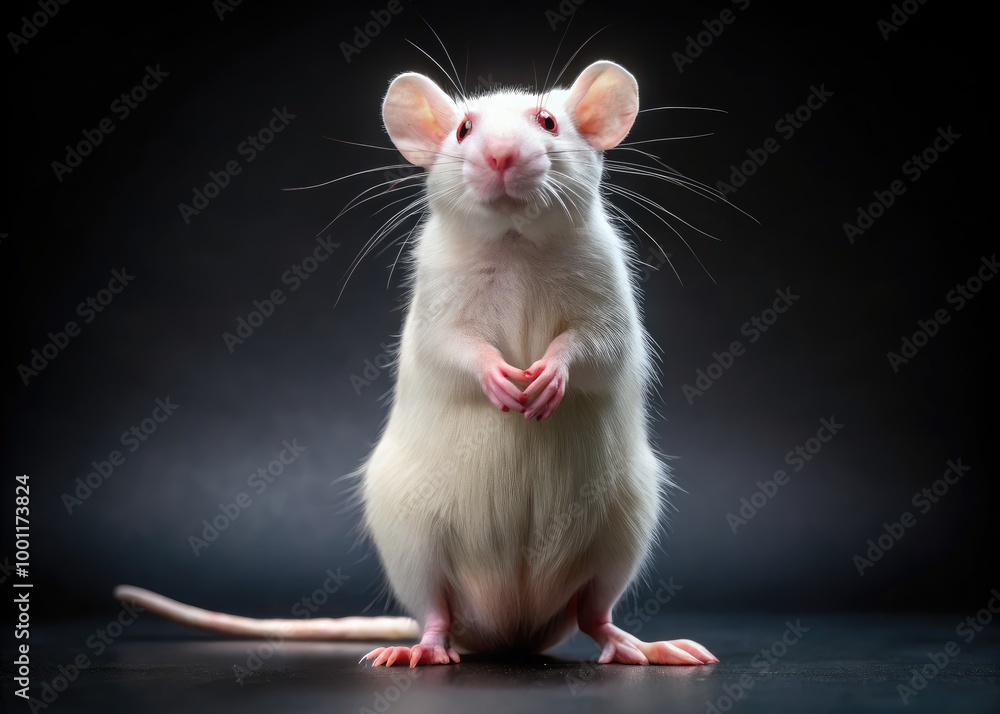A rare albino laboratory rat stands upright on its hind legs, its pink ...