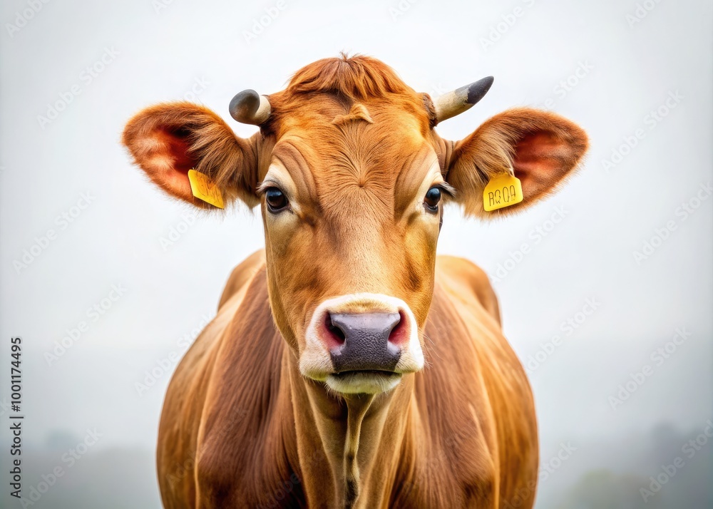 A serene brown cow with a subtle smile stands against a pristine white background, its rustic coat and gentle eyes evoking warmth and rural tranquility. A serene brown cow with a subtle smile stands against a pristine white background, its rustic coat and gentle eyes evoking warmth and rural tranquility.