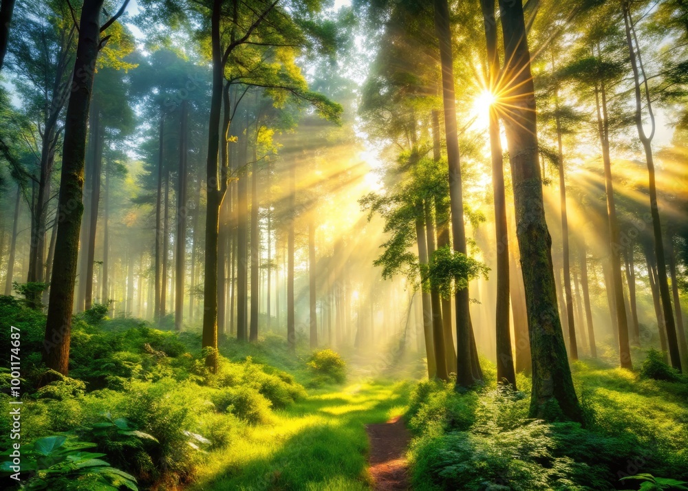 Obraz premium A serene forest landscape with warm sunlight filtering through tall trees, lush greenery, and a misty atmosphere, evoking a sense of innocence and wonder.