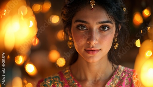 Indian Woman In Traditional Attire With Glowing Bokeh Background generative ai