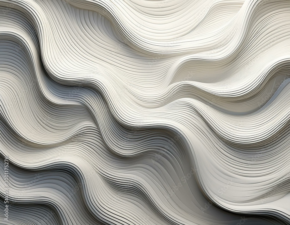A 3D illustration showcases a white seamless pattern of waves, expertly capturing light and shadow effects. This design serves as a decorative panel for walls, adding depth A 3D illustration showcases a white seamless pattern of waves, expertly capturing light and shadow effects. This design serves as a decorative panel for walls, adding depth
