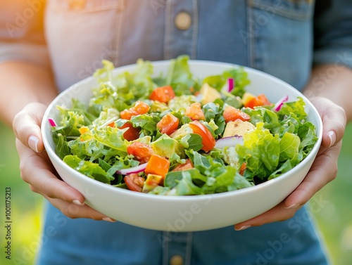 Fresh salad with colorful vegetables held in a white bowl outdoors.