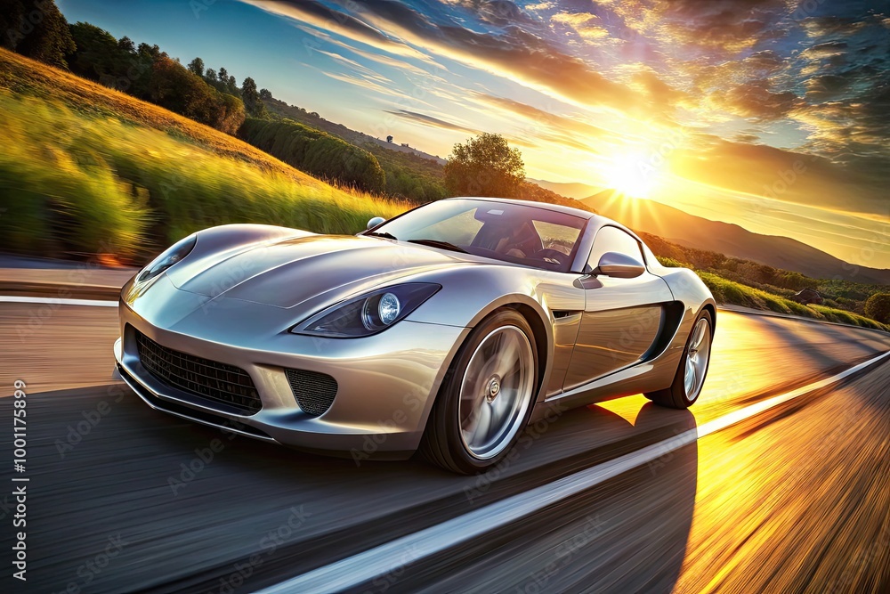 A sleek, silver sports car with pinstripe detailing accelerates down a winding road, its reflective surface glistening in the warm sunlight. A sleek, silver sports car with pinstripe detailing accelerates down a winding road, its reflective surface glistening in the warm sunlight.
