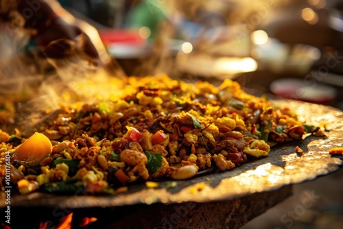 A vibrant, close-up photo of freshly made Kottu Roti with a mix of vegetables, eggs, and meat, on a wooden table