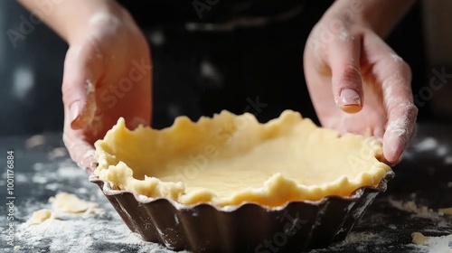 preparing the top of a flaky pie crust. Women's hands making the pastry for a dessert