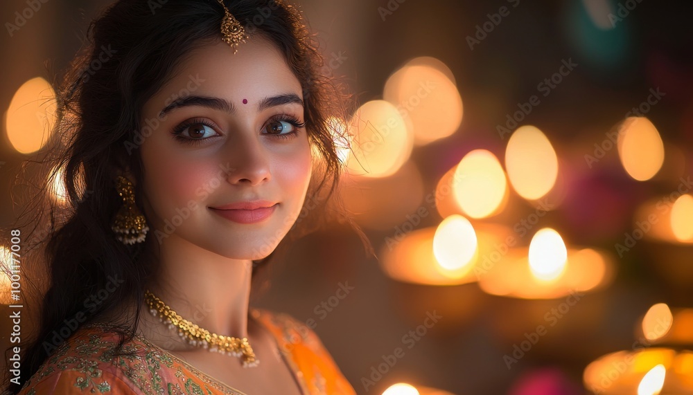 Beautiful Indian Woman Celebrating Diwali With A Warm Smile And Glowing Diyas generative ai Beautiful Indian Woman Celebrating Diwali With A Warm Smile And Glowing Diyas generative ai