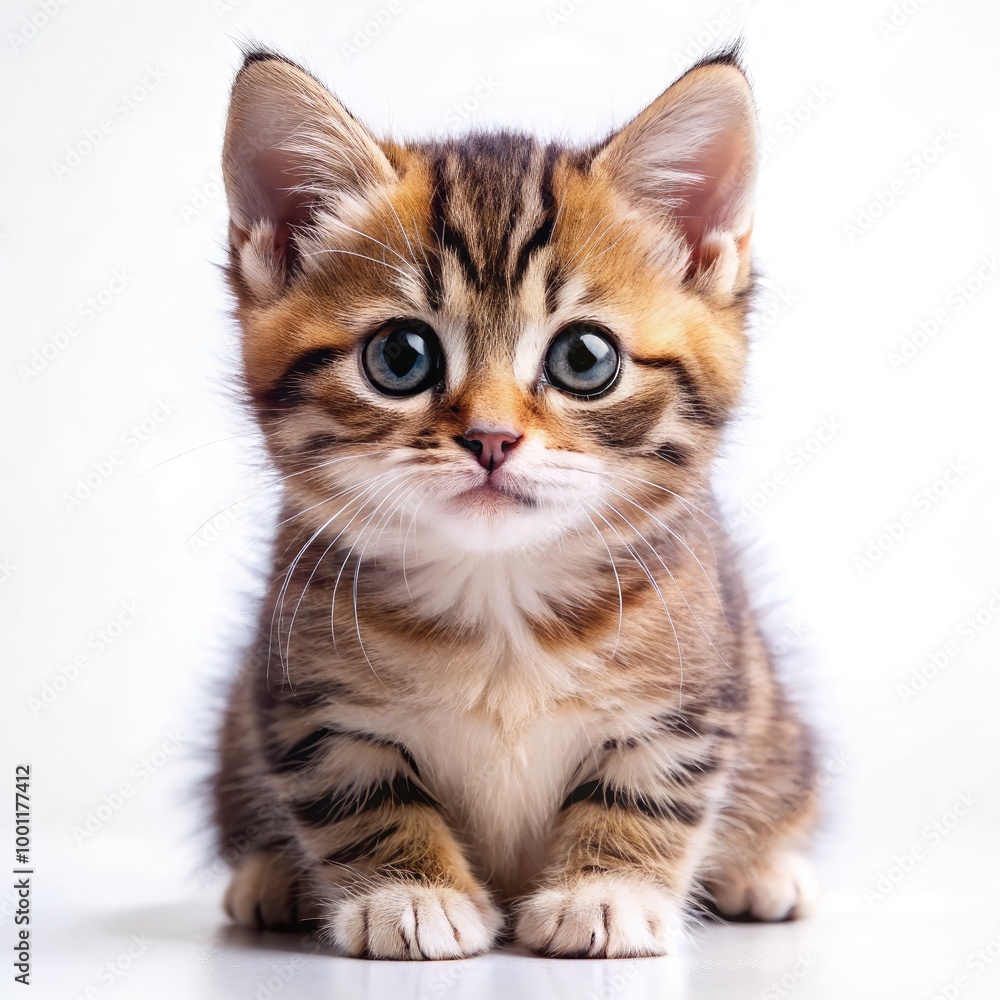 Cute kitten with big eyes and striped fur on a white background. Generative AI Cute kitten with big eyes and striped fur on a white background. Generative AI