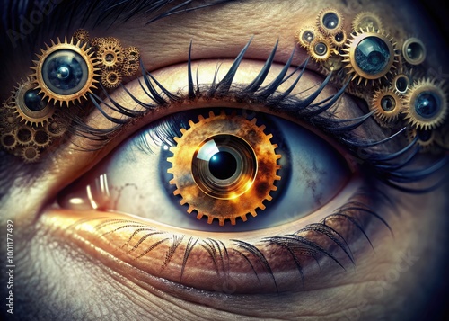 A stylized, abstract illustration of a human eye with a gear mechanism at its center, conveying innovation and technological advancement in vision and perception. photo