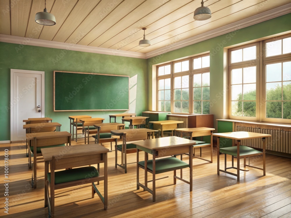 A traditional, well-organized classroom with rows of wooden desks, chairs, and a green chalkboard, set against a neutral beige wall with soft natural light. A traditional, well-organized classroom with rows of wooden desks, chairs, and a green chalkboard, set against a neutral beige wall with soft natural light.