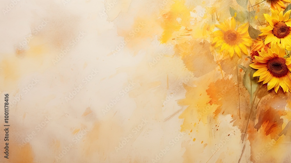 Watercolor impressions of sunflowers and marigolds on yellow pastel background with liquid texture. Watercolor impressions of sunflowers and marigolds on yellow pastel background with liquid texture.