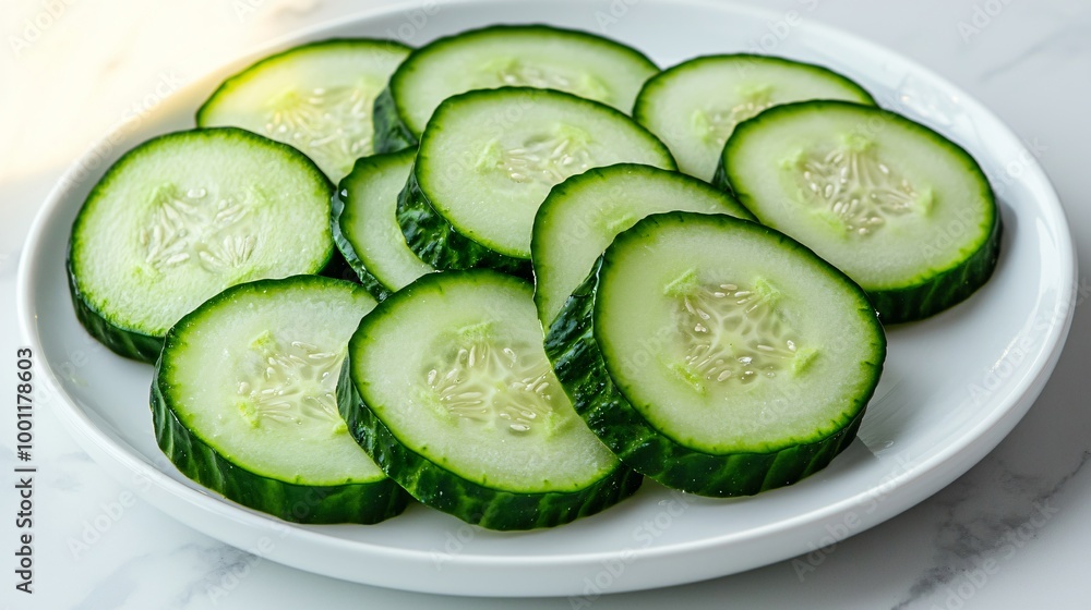 Freshly Sliced Cucumbers on a White Plate - A Perfect Healthy Snack for Any Occasion Freshly Sliced Cucumbers on a White Plate - A Perfect Healthy Snack for Any Occasion