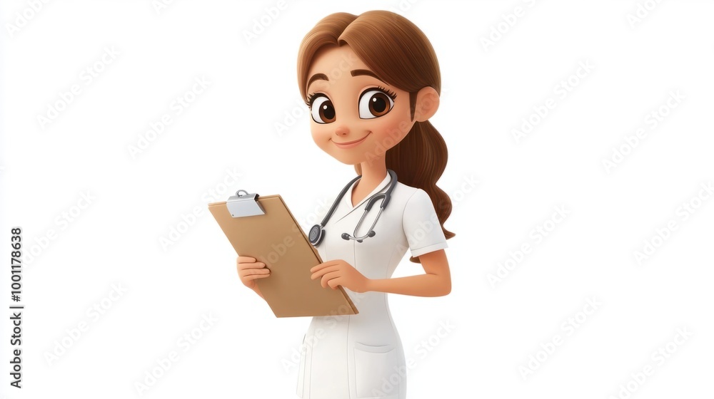 Cute nurse cartoon character with a stethoscope and clipboard, smiling confidently, isolated on a clean white background. Cute nurse cartoon character with a stethoscope and clipboard, smiling confidently, isolated on a clean white background.