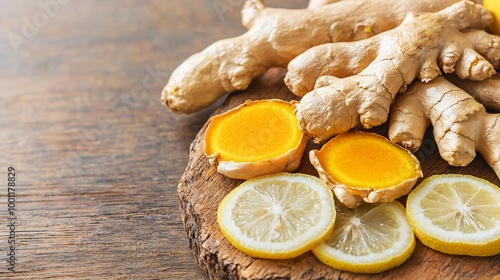 Fresh Ginger and Lemon Slices on Rustic Wooden Background - Natural and Organic Ingredients for Healthy Living