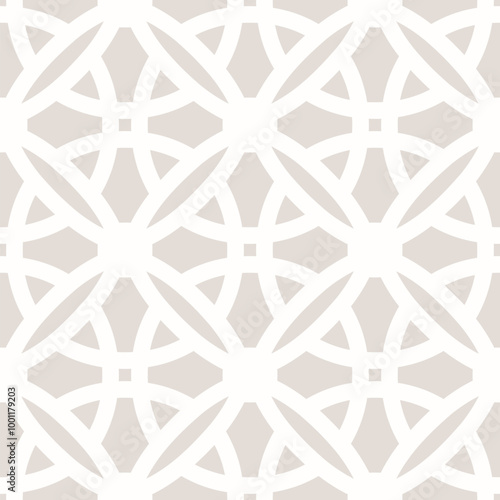 Geometric seamless pattern in gothic style. Subtle abstract vector ornament texture with flower shapes, crosses, circle, lattice, grid. Simple beige and white geo background with medieval motifs