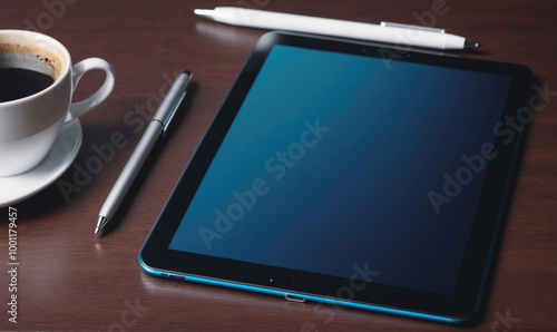 A cup of coffee sits next to a tablet and two pens on a wooden table