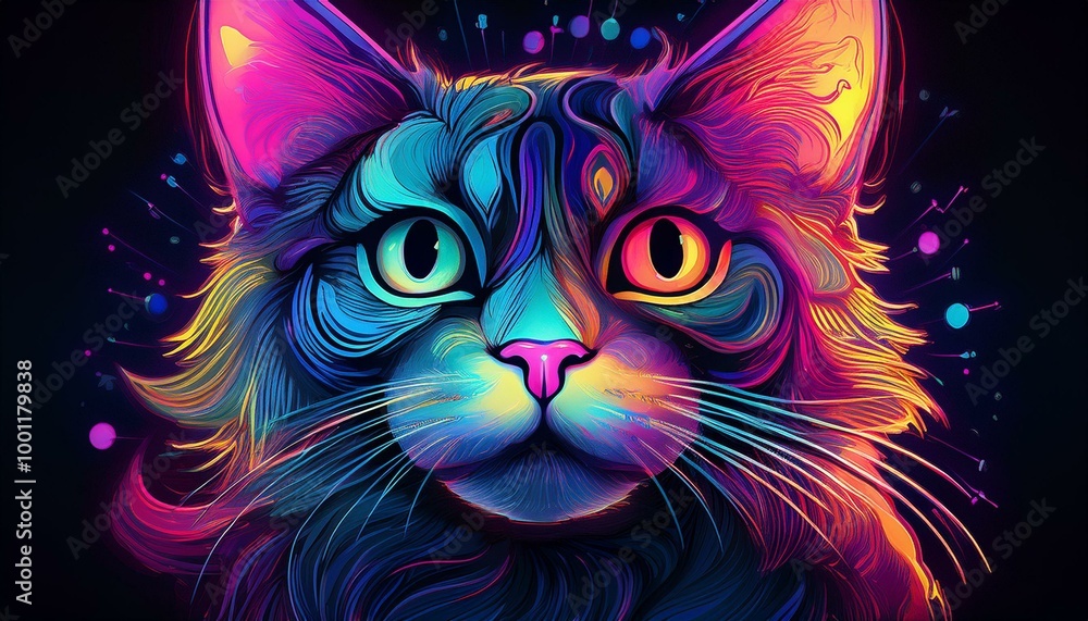 An abstract illustration of a neon cat depicts a feline rendered in vibrant neon hues. This artistic interpretation brings a modern and eye-catching twist to the traditional image of a cat An abstract illustration of a neon cat depicts a feline rendered in vibrant neon hues. This artistic interpretation brings a modern and eye-catching twist to the traditional image of a cat