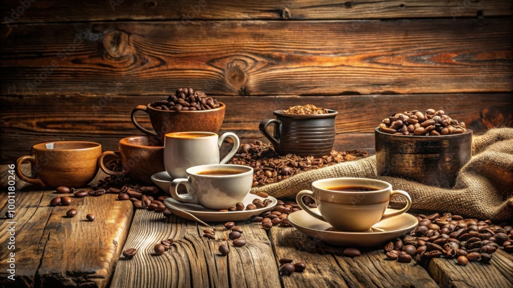 A rustic display of various coffee cups and beans on a vintage wooden table A rustic display of various coffee cups and beans on a vintage wooden table
