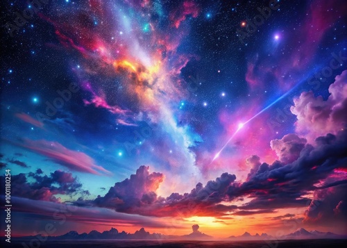 Celestial horizon glows with vibrant hues of neon pink, blue, and purple, evoking an otherworldly atmosphere with wispy nebula clouds and starry constellations.