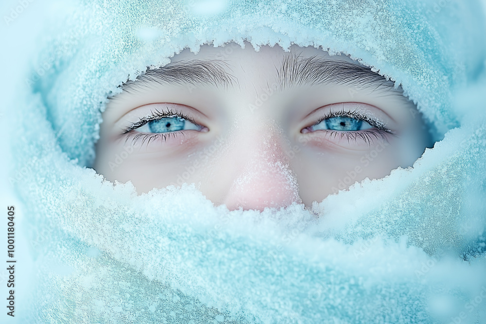 Young woman with piercing blue eyes peering through a snowy scarf in a winter landscape Young woman with piercing blue eyes peering through a snowy scarf in a winter landscape