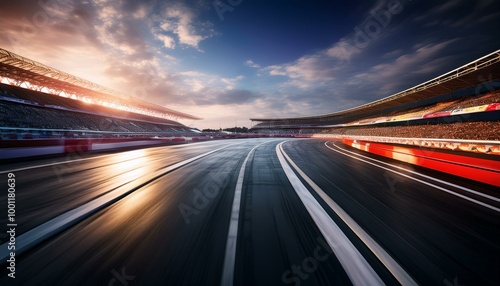 An F1 race track circuit road, depicted with motion blur, features a grandstand stadium, setting the stage for exhilarating Formula One racing events