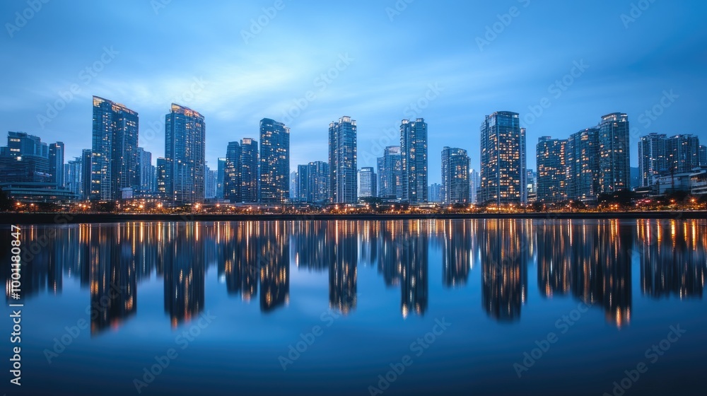 A vibrant city skyline with soaring skyscrapers and calm water reflections, taken at dusk to emphasize the bustling energy and modern elegance of the city A vibrant city skyline with soaring skyscrapers and calm water reflections, taken at dusk to emphasize the bustling energy and modern elegance of the city