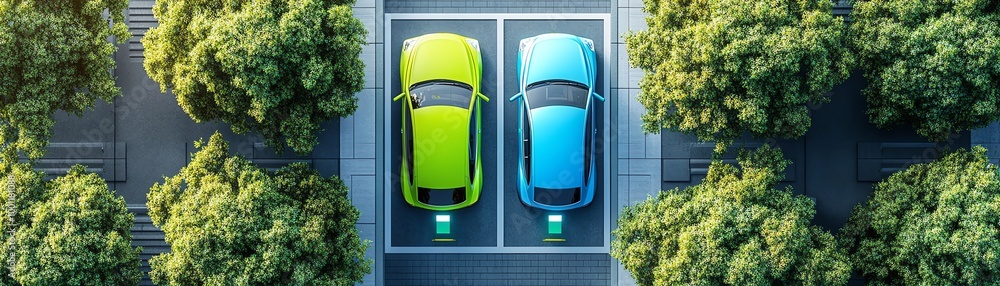 Top view of two electric cars parked beside each other at charging stations, surrounded by green trees. Sustainable transportation concept. Top view of two electric cars parked beside each other at charging stations, surrounded by green trees. Sustainable transportation concept.