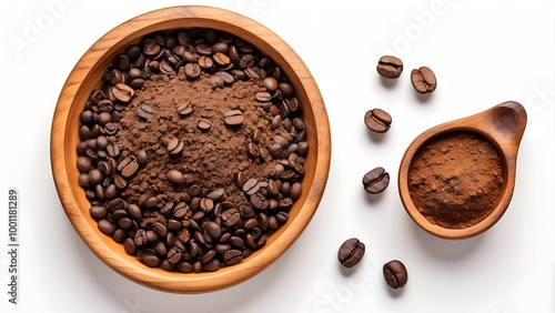 Coffee Bowls with Ground Coffee and Roasted Beans on White Background 