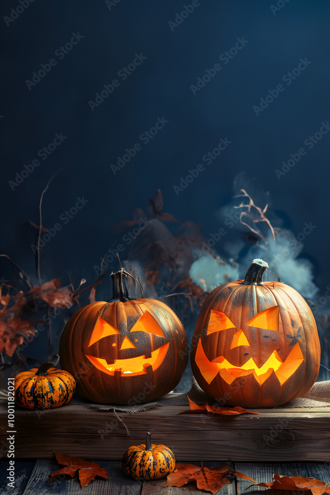 Still life with two shining carved Halloween pumpkins on wooden board surface and background. Concept of Halloween celebration, Trick or Treat and season. Still life with two shining carved Halloween pumpkins on wooden board surface and background. Concept of Halloween celebration, Trick or Treat and season.