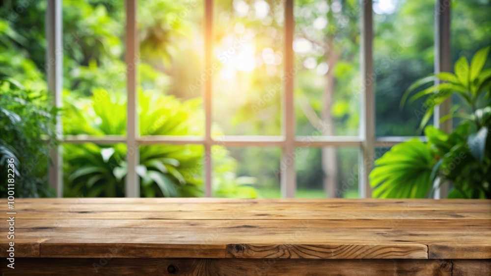 Wood table top with a blurred window and green plants background Wood table top with a blurred window and green plants background