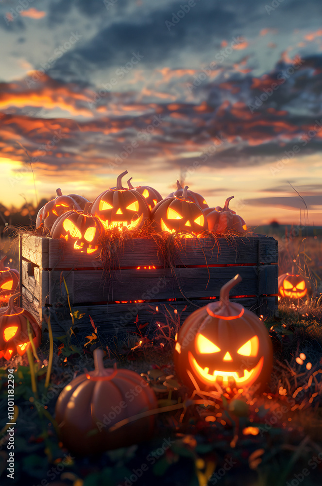 Fototapeta premium Group of shining carved Halloween pumpkins lying in the wooden box on a harvested field in autumn with sunset. Concept of Halloween celebration, Trick or Treat and season.