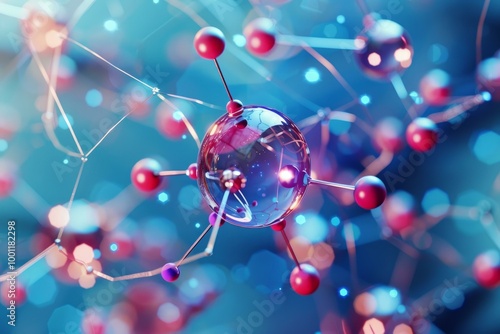 3d illustration of a glass molecule structure connecting with lines and glowing in pink and blue light