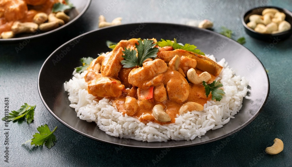 Chicken and cashew red curry with rice and herbs, thai inspired dish Chicken and cashew red curry with rice and herbs, thai inspired dish