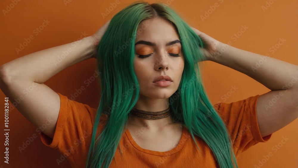 Young woman with green hair and orange shirt in contemplative pose with hands on temples Young woman with green hair and orange shirt in contemplative pose with hands on temples