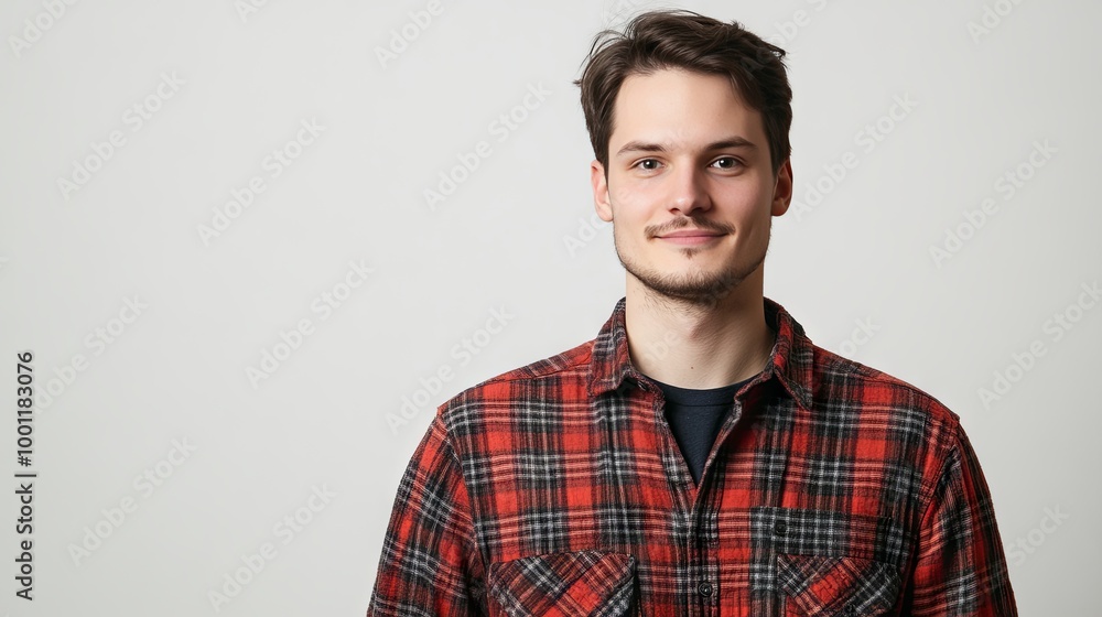 Portrait of a young caucasian male wearing a flannel plaid shirt isolated on plain background with copy space Portrait of a young caucasian male wearing a flannel plaid shirt isolated on plain background with copy space