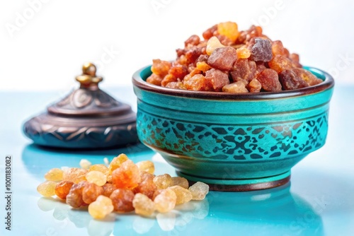 Natural frankincense dhoop resin displayed in a traditional bowl on a blue surface. Generative AI photo