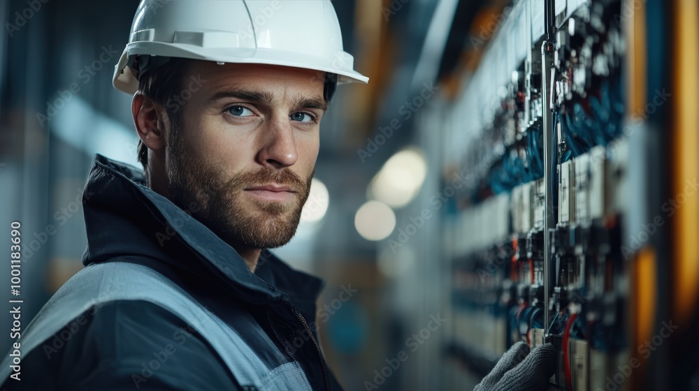 Industrial engineer inspecting wiring at a high-tech construction site Industrial engineer inspecting wiring at a high-tech construction site