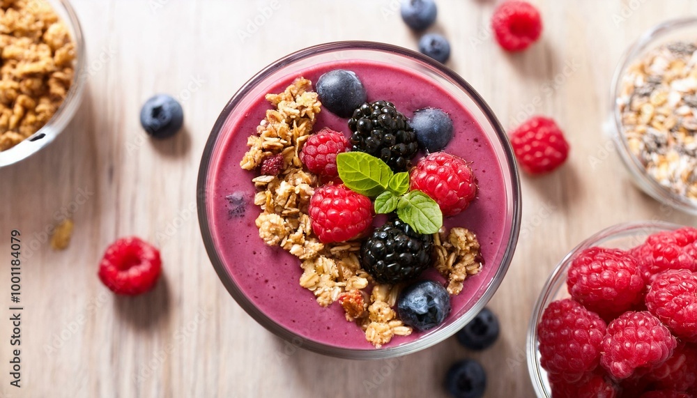 Fresh mixed berry smoothie topped with granola Fresh mixed berry smoothie topped with granola