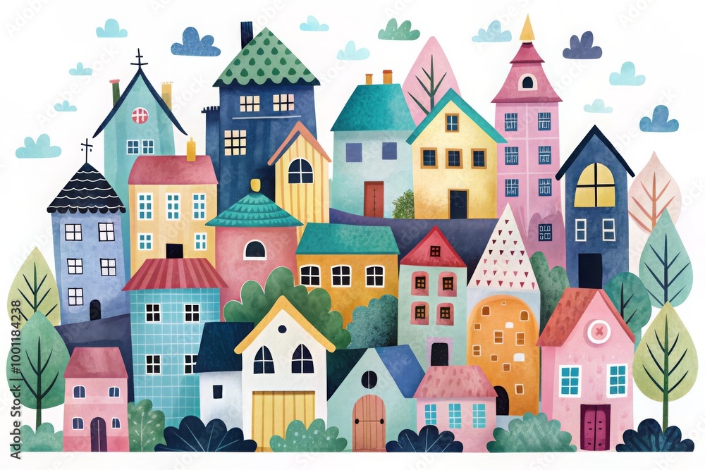 Fototapeta premium Whimsical houses in different colors with trees and clouds, illustration